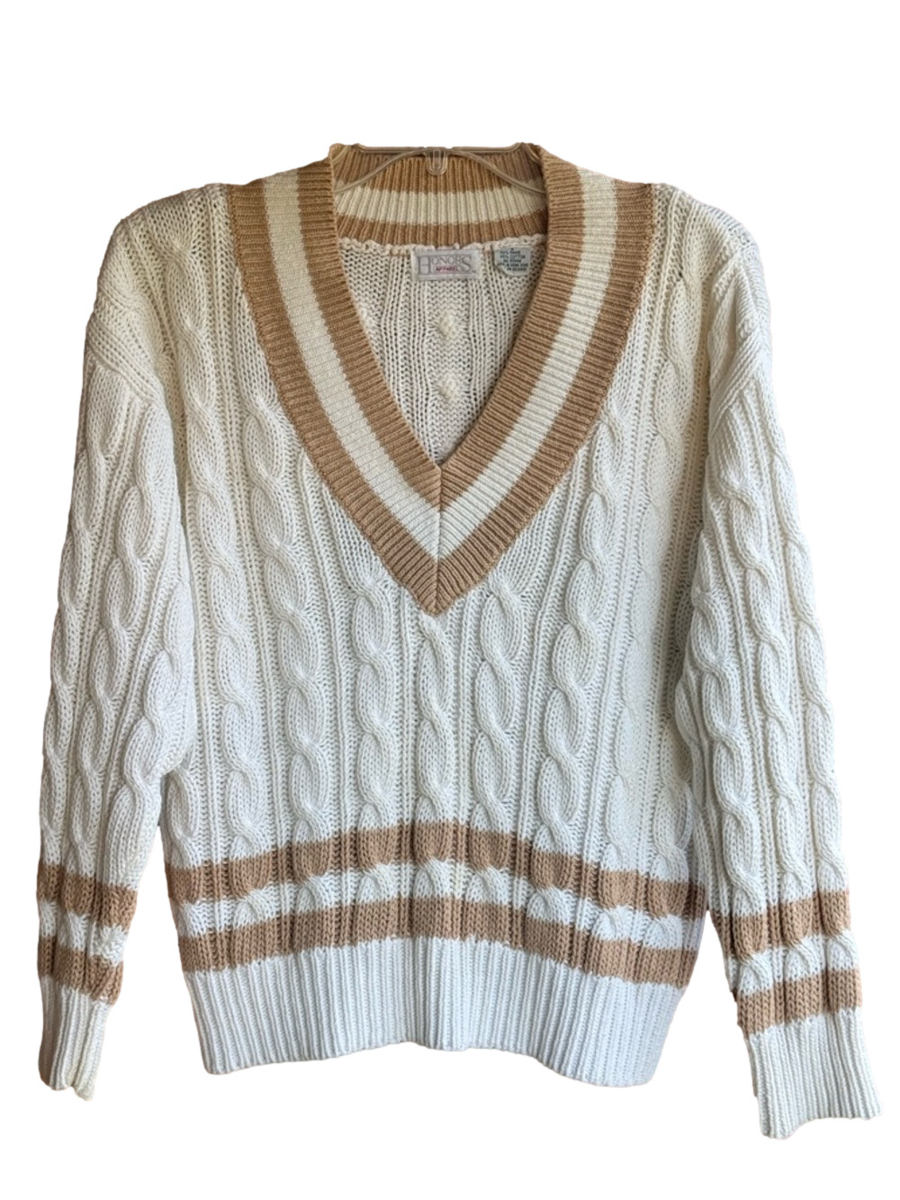 Vintage Honors Apparel Chunky Cable Knit Cricket Sweater V Neck Stripes Small